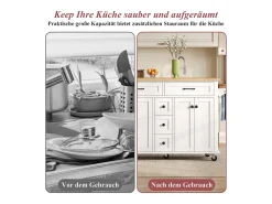 Isla de cocina con ruedas - 140 x 65 x 89 cm - con encimera extensible + 5 cajones + 4 puertas - blanco