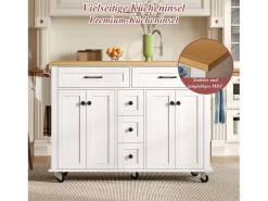Isla de cocina con ruedas - 140 x 65 x 89 cm - con encimera extensible + 5 cajones + 4 puertas - blanco