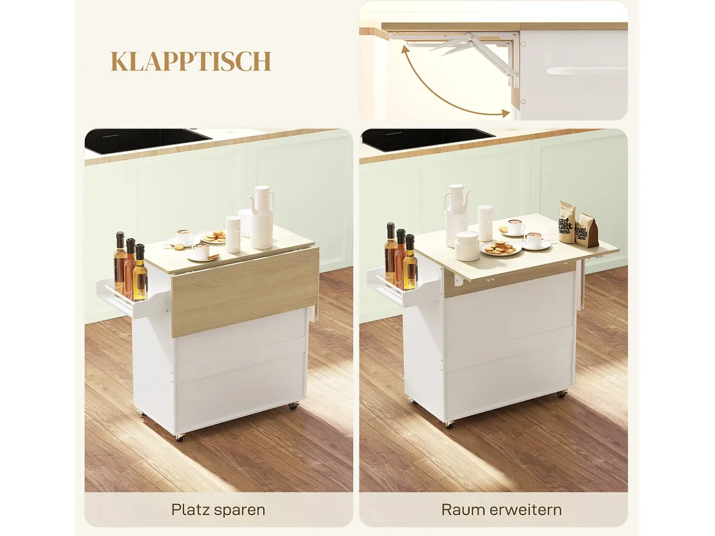 Isla de cocina con ruedas, con encimera abatible, cajón y balda, color blanco (106x42x87 cm)