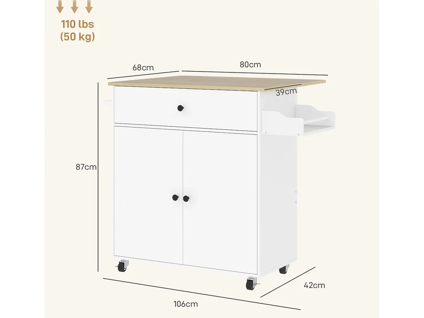 Isla de cocina con ruedas, con encimera abatible, cajón y balda, color blanco (106x42x87 cm)