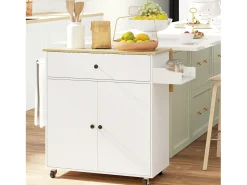 Isla de cocina con ruedas, con encimera abatible, cajón y balda, color blanco (106x42x87 cm)