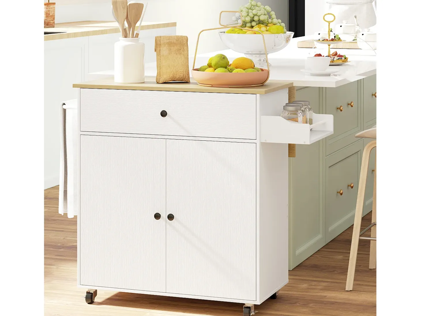 Isla de cocina con ruedas, con encimera abatible, cajón y balda, color blanco (106x42x87 cm)