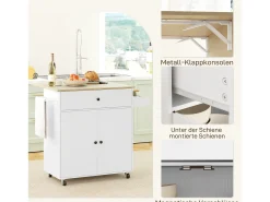 Isla de cocina con ruedas, con encimera abatible, cajón y balda, color blanco (106x42x87 cm)