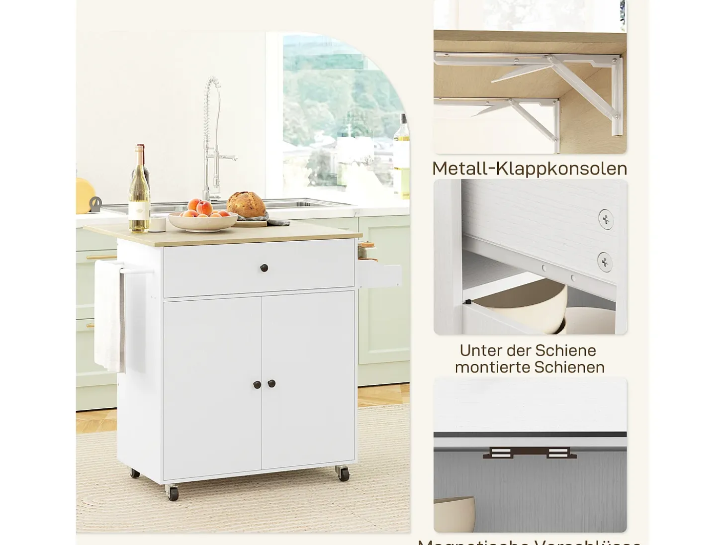 Isla de cocina con ruedas, con encimera abatible, cajón y balda, color blanco (106x42x87 cm)