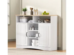 Isla de cocina con ruedas con 2 puertas y 2 sillas - Zona de comedor extensible - Blanco y natural claro