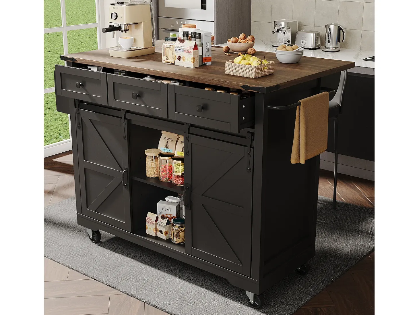 Isla de cocina con ruedas - 140 x 45 x 94 cm - con encimera extensible + 2 puertas + 3 cajones - Metal + MDF - negro