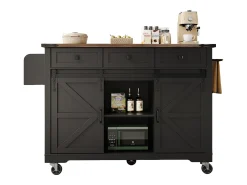 Isla de cocina con ruedas - 140 x 45 x 94 cm - con encimera extensible + 2 puertas + 3 cajones - Metal + MDF - negro