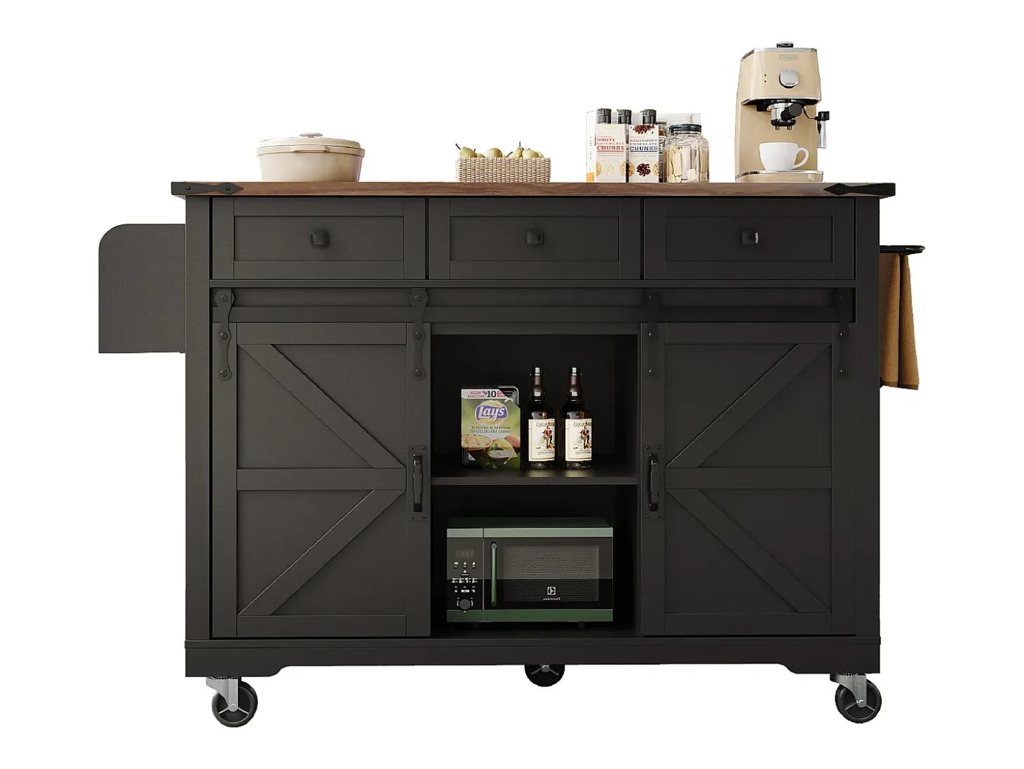 Isla de cocina con ruedas - 140 x 45 x 94 cm - con encimera extensible + 2 puertas + 3 cajones - Metal + MDF - negro