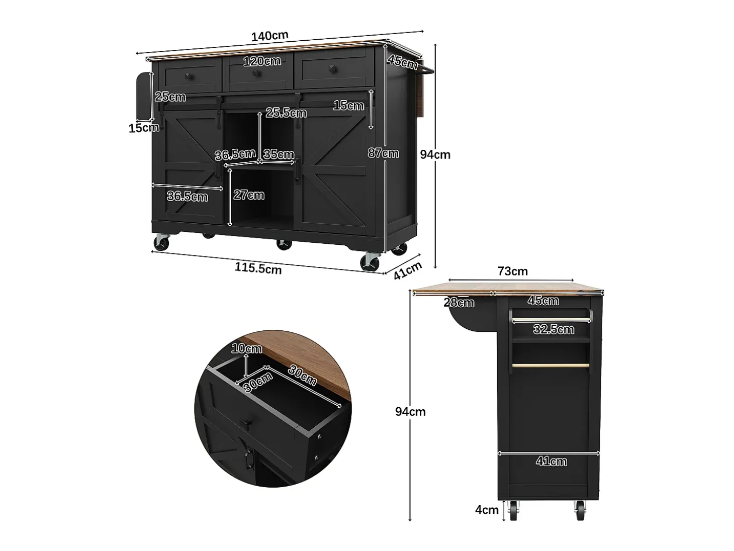 Isla de cocina con ruedas - 140 x 45 x 94 cm - con encimera extensible + 2 puertas + 3 cajones - Metal + MDF - negro