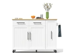 Isla de cocina con ruedas - 120 x 40 x 90 cm - con almacenaje deslizante + 2 cajones + 2 puertas - blanco