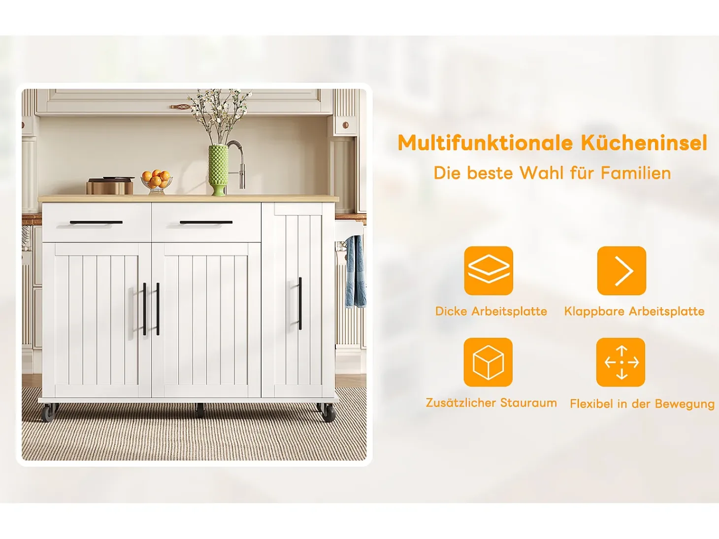 Isla de cocina con ruedas - 120 x 40 x 90 cm - con almacenaje deslizante + 2 cajones + 2 puertas - blanco