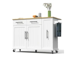 Isla de cocina con ruedas - 120 x 40 x 90 cm - con almacenaje deslizante + 2 cajones + 2 puertas - blanco