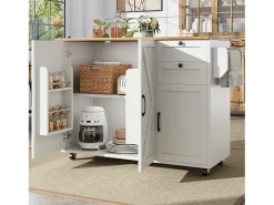 Isla de cocina con ruedas - 140 x 43 x 92 cm - con encimera extensible + 3 puertas + 2 cajones - Metal + MDF - blanco