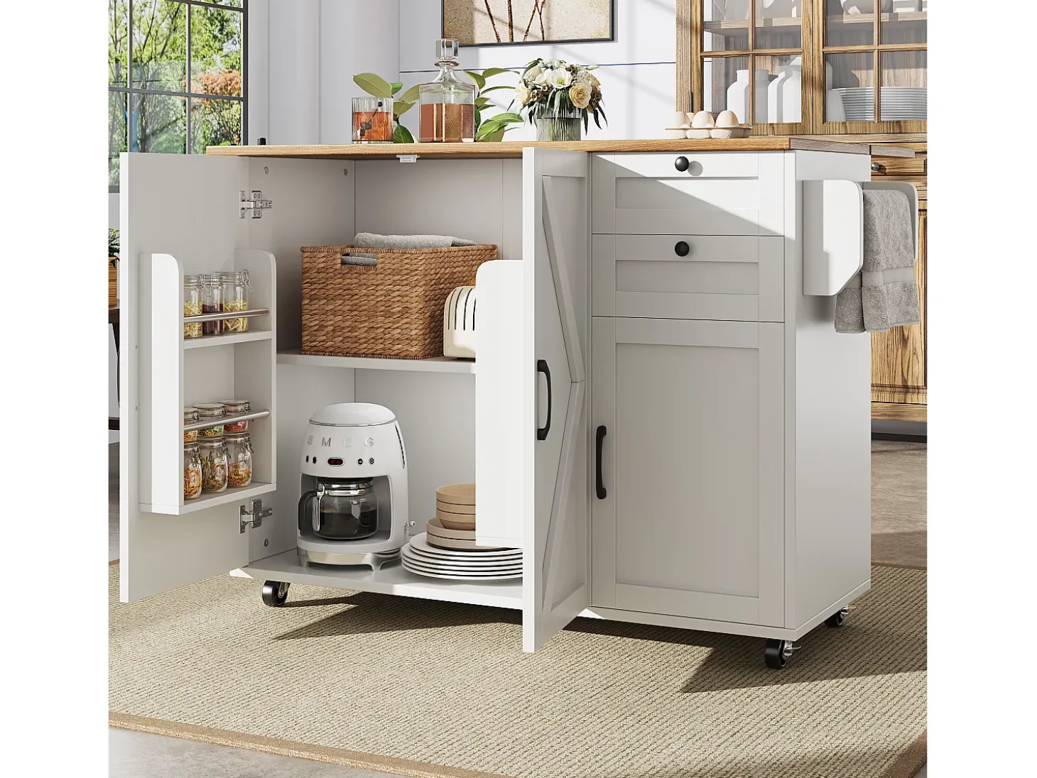 Isla de cocina con ruedas - 140 x 43 x 92 cm - con encimera extensible + 3 puertas + 2 cajones - Metal + MDF - blanco