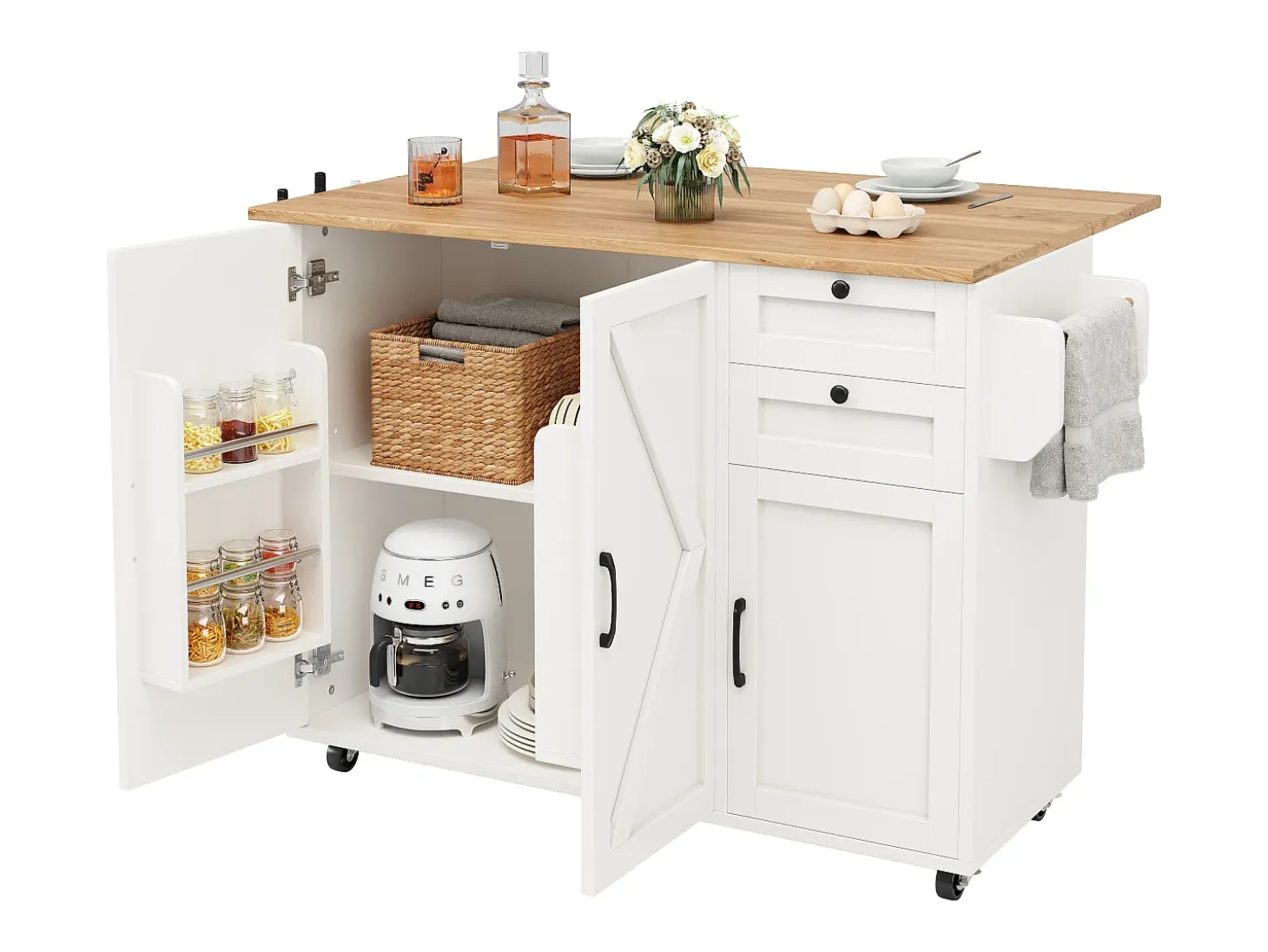 Isla de cocina con ruedas - 140 x 43 x 92 cm - con encimera extensible + 3 puertas + 2 cajones - Metal + MDF - blanco