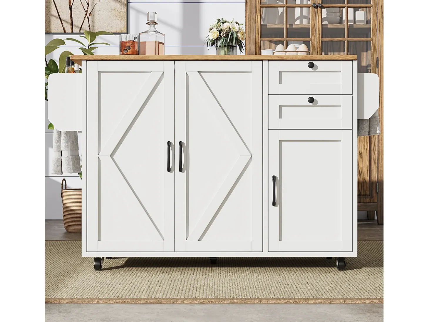 Isla de cocina con ruedas - 140 x 43 x 92 cm - con encimera extensible + 3 puertas + 2 cajones - Metal + MDF - blanco