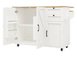 Isla de cocina con ruedas - 140 x 43 x 92 cm - con encimera extensible + 3 puertas + 2 cajones - Metal + MDF - blanco