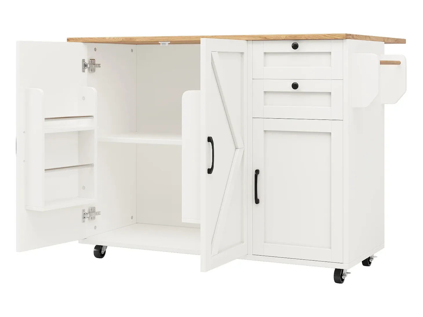 Isla de cocina con ruedas - 140 x 43 x 92 cm - con encimera extensible + 3 puertas + 2 cajones - Metal + MDF - blanco