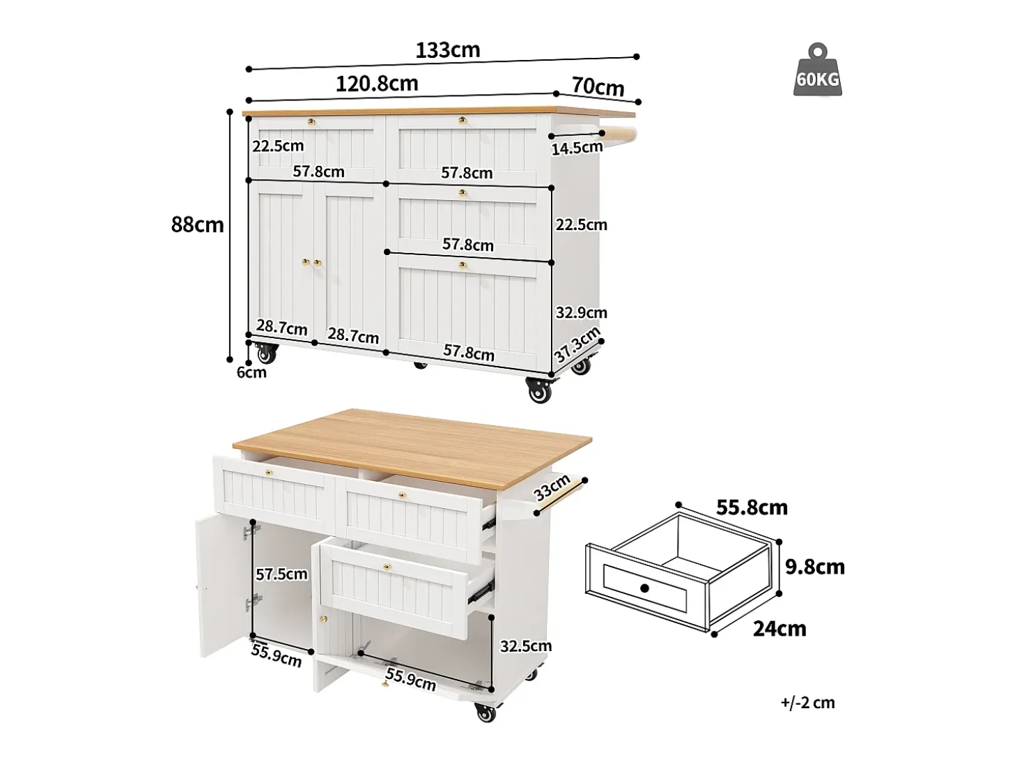 Isla de cocina con ruedas - 133 x 70 x 88 cm - Carrito con módulos extensibles + 3 cajones + 3 puertas - MDF - Blanco