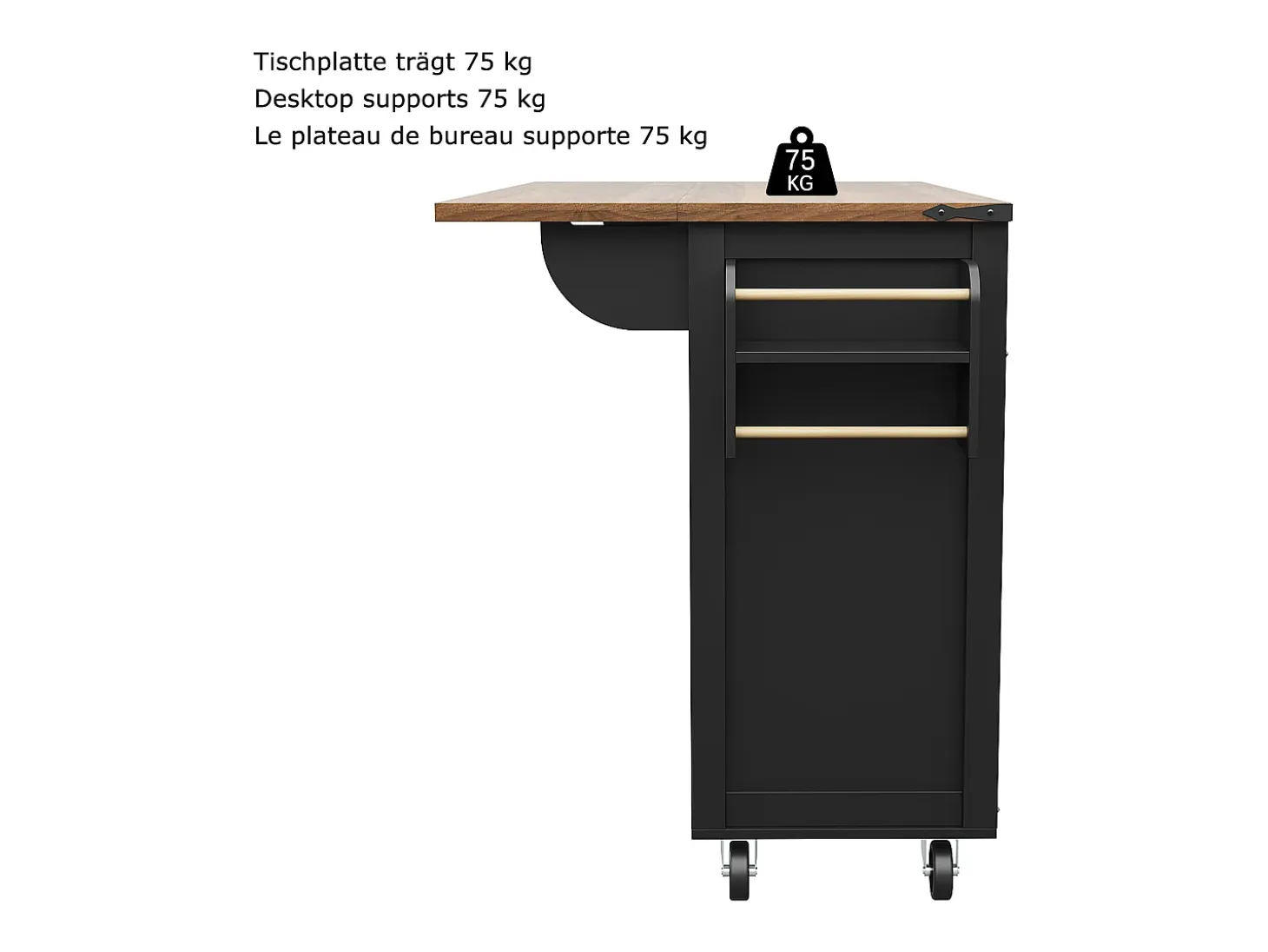 Isla de cocina con ruedas - 140 x 45 x 90 cm - con encimera extensible + 4 puertas + 2 cajones - Metal + MDF - negro