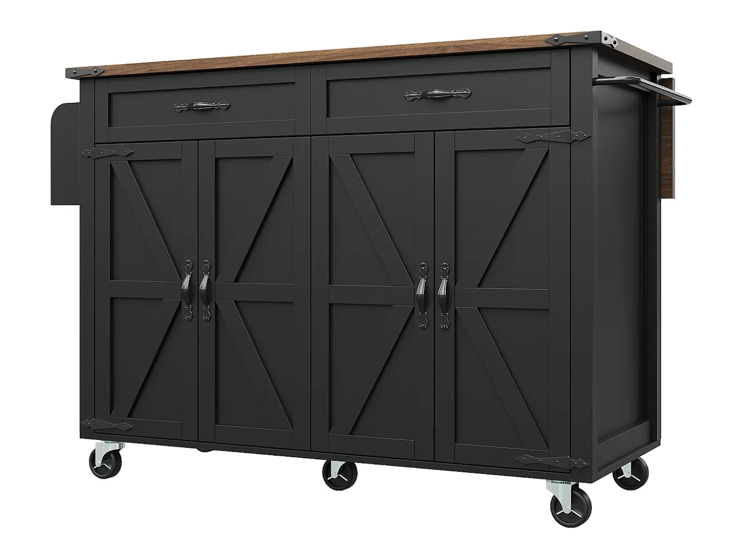 Isla de cocina con ruedas - 140 x 45 x 90 cm - con encimera extensible + 4 puertas + 2 cajones - Metal + MDF - negro