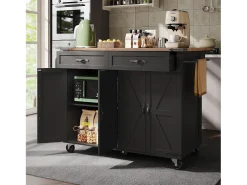 Isla de cocina con ruedas - 140 x 45 x 90 cm - con encimera extensible + 4 puertas + 2 cajones - Metal + MDF - negro