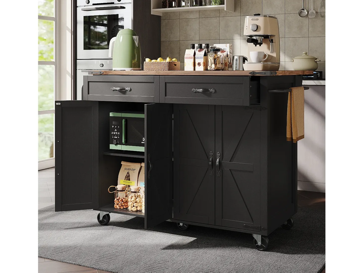 Isla de cocina con ruedas - 140 x 45 x 90 cm - con encimera extensible + 4 puertas + 2 cajones - Metal + MDF - negro