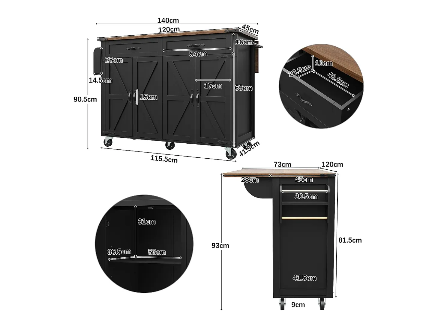 Isla de cocina con ruedas - 140 x 45 x 90 cm - con encimera extensible + 4 puertas + 2 cajones - Metal + MDF - negro