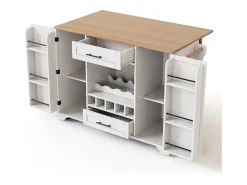 Isla de cocina con ruedas con 2 puertas, 2 cajones y botellero - Blanco - Madera MDF