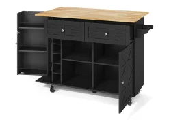Isla de cocina con ruedas - Con 2 cajones, puerta y botellero - Negro 120 x 45(70) x 89 cm