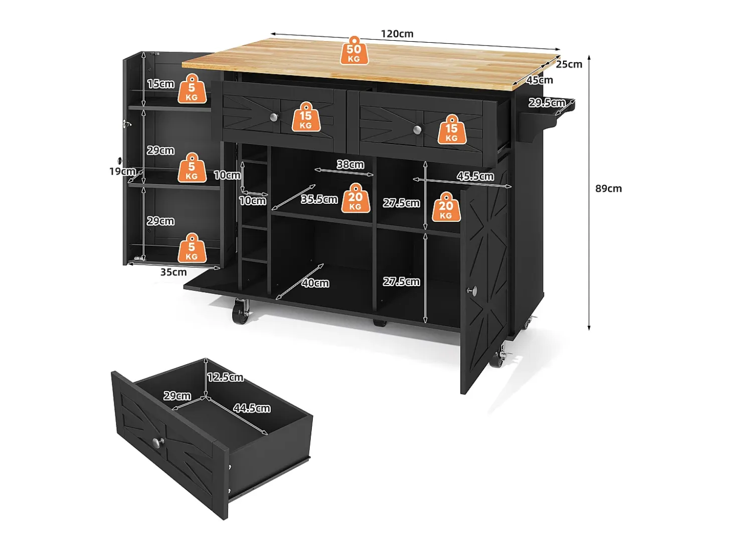 Isla de cocina con ruedas - Con 2 cajones, puerta y botellero - Negro 120 x 45(70) x 89 cm