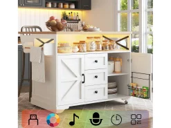 Isla de cocina con ruedas y mesa plegable - 120 x 43/71,5 cm x 98 cm - con LED + 2 puertas + 3 cajones - MDF - blanco