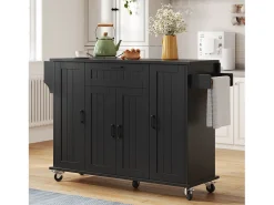 Isla de cocina con ruedas - 120 x 45/70 x 95 cm - con encimera abatible + 4 puertas + 1 cajón - MDF - negro