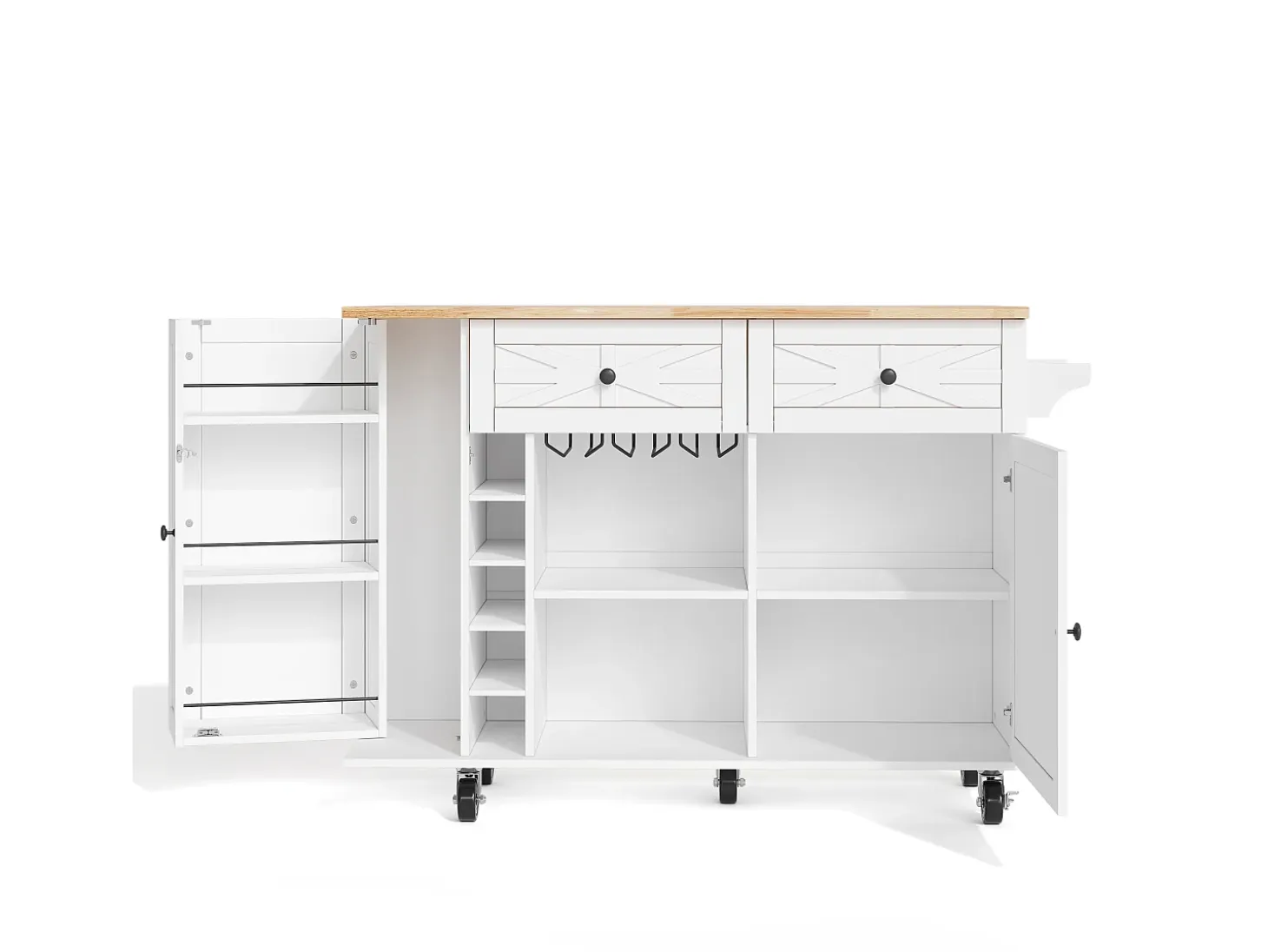Isla de cocina con ruedas - Con 2 cajones, puerta y botellero - Blanco 120 x 45(70) x 89 cm