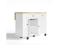 Isla de cocina con ruedas - Con 2 cajones, puerta y botellero - Blanco 120 x 45(70) x 89 cm