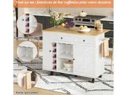 Isla de cocina con ruedas - Con 2 cajones, puerta y botellero - Blanco 120 x 45(70) x 89 cm