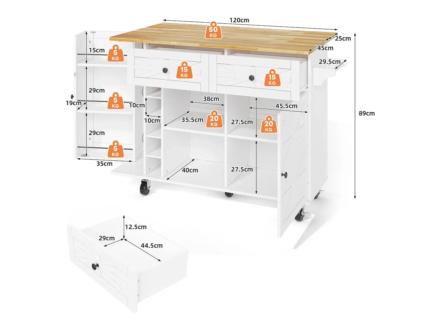 Isla de cocina con ruedas - Con 2 cajones, puerta y botellero - Blanco 120 x 45(70) x 89 cm