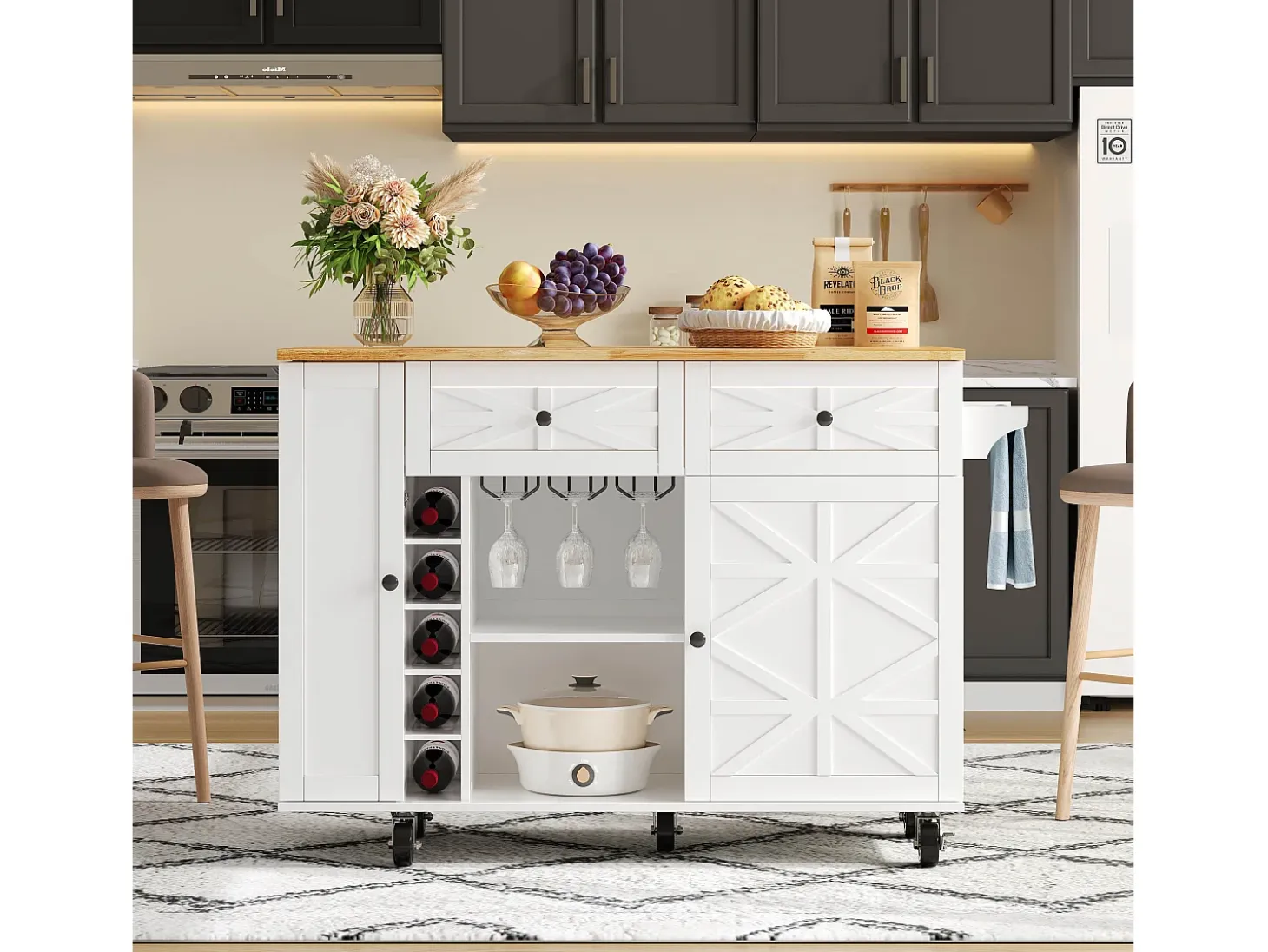 Isla de cocina con ruedas - Con 2 cajones, puerta y botellero - Blanco 120 x 45(70) x 89 cm