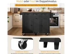 Isla de cocina con ruedas - 131,2 x 46,2/76,2 x 92,7 cm - encimera abatible - con 3 puertas + 3 cajones - MDF - negro