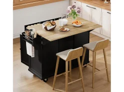 Isla de cocina con ruedas - 131,2 x 46,2/76,2 x 92,7 cm - encimera abatible - con 3 puertas + 3 cajones - MDF - negro