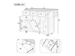 Isla de cocina con ruedas - 131,2 x 46,2/76,2 x 92,7 cm - encimera abatible - con 3 puertas + 3 cajones - MDF - negro