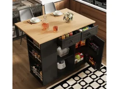 Isla de cocina con tabiques extraíbles, encimera, MDF y metal, color negro (120x42x91,5 cm)