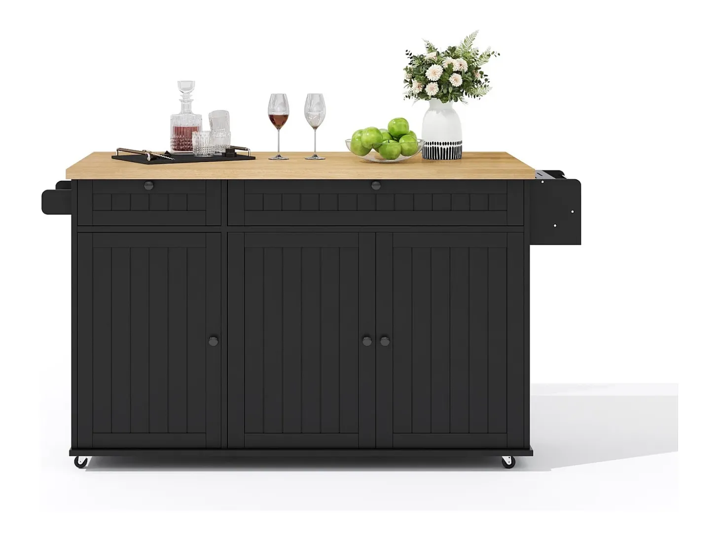 Isla de cocina con tapa plegable, 6 ruedas bloqueables y 2 cajones de almacenamiento - negro
