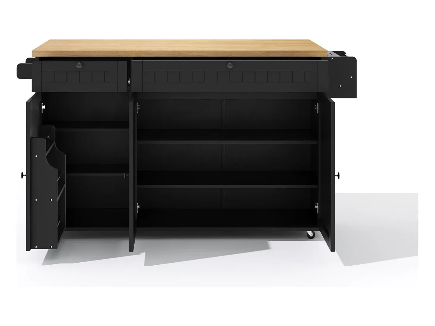 Isla de cocina con tapa plegable, 6 ruedas bloqueables y 2 cajones de almacenamiento - negro