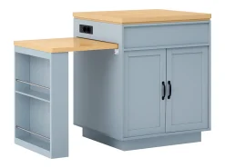 Isla de cocina extensible con ruedas - 125,5 x 71 x 93 cm - con puerta + cajones + LED - MDF - azul