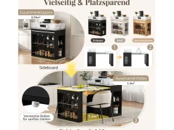 Isla de cocina extensible con ruedas y tablero abatible - 83 x 46 x 96 cm - mesa alta con puerta y cajón - MDF + cristal - negro