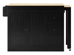 Isla de cocina extensible con ruedas - 112/186,8 x 45 x 93 cm - con estante + 3 cajones + 2 puertas - MDF - negro