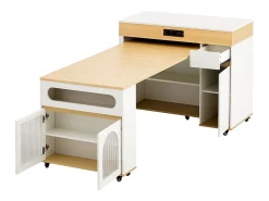 Isla de cocina extensible con ruedas y tablero de cristal - 110,5 x 50,5 x 95,5 cm - con puerta y cajón - MDF + cristal - blanco + natural
