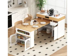 Isla de cocina extensible con ruedas y tablero de cristal - 110,5 x 50,5 x 95,5 cm - con puerta y cajón - MDF + cristal - blanco + natural