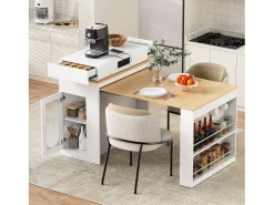Isla de cocina extensible con ruedas y tablero abatible - 83 x 46 x 96 cm - mesa alta con puerta y cajón - MDF + cristal - blanco